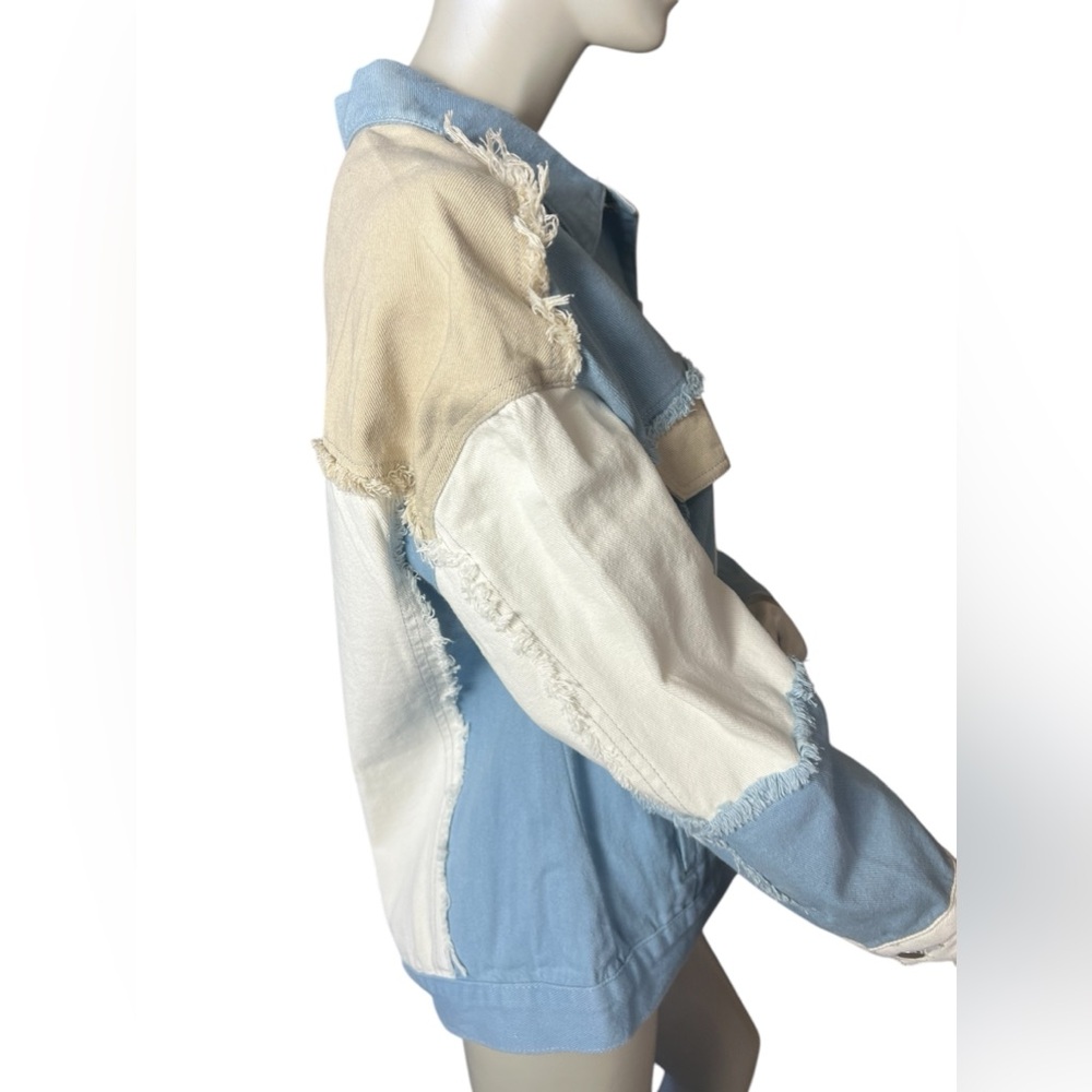 POL brand Blue Tan Cream Denim Distressed Long Sleeve Jacket New - Picture 3 of 6